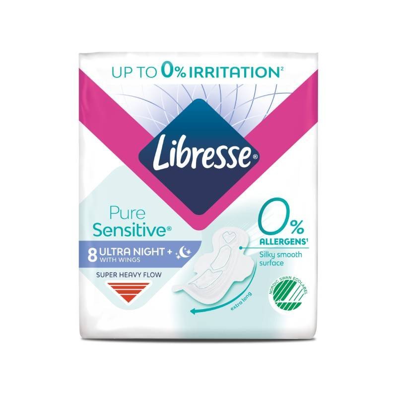 LIBRESSE Pure Sensitive Ultra Night+ higieninės servetėlės N8