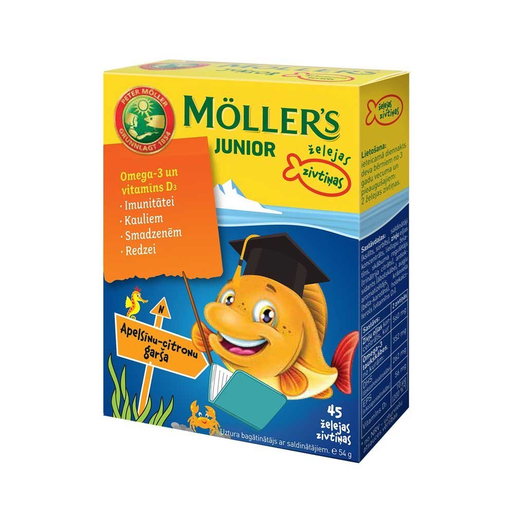 MOLLERS Junior Omega- 3 želejas zivtiņas ar apelsīnu-citronu garšu N45
