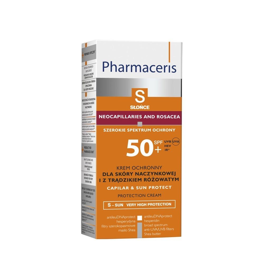 PHARMACERIS Sun SPF50+ sejas aizsargkrēms ādai ar paplašinātiem kapilāriem un rozāciju 50 ml
